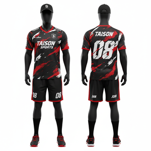 Uniforme de Balonmano para Hombre, 150 GSM, Poliéster Transpirable, Logotipo Personalizado Sublimado, Paneles Negros y Rojos Cortados y Cosidos - Product Image 1