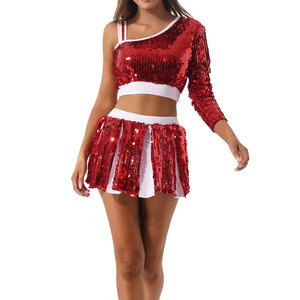 Ensemble d'uniformes de cheerleading Econex Sports en polyester rouge à paillettes, imprimé par transfert thermique, manches asymétriques, jupe plissée pour adultes - Product Image 1