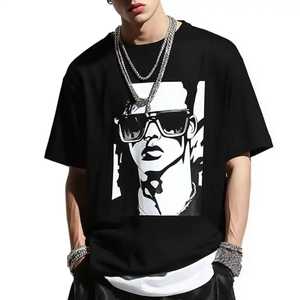 T-shirt noir surdimensionné pour homme avec imprimé visage blanc, style streetwear, manches courtes, col rond, jersey de coton, coupe ajustée, 100% coton, tissu doux. - Product Image 4