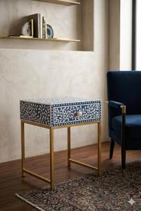 Premium Bone Inlay <b>Side</b> <b>Table</b> With Spacious <b>Storage</b> Drawer And Artisan Crafted Decorative Surface Finish - Product Image 5