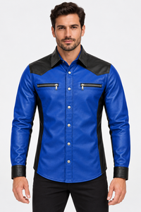 Chemise Western en Cuir Bleu et Noir Premium pour Homme, Manches Longues, Design à Couleurs Contrastées, Col Revers, Double Poche à Fermeture Éclair sur la Poitrine - Product Image 3