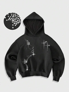 Sweat à capuche surdimensionné pour homme avec motif visage en strass, épaules tombantes, en molleton épais, style streetwear, respirant, 100% coton - Product Image 2