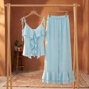 Women Solid Vintage Washed Short Ruffle Co-Ord Set Sleeveless <b>Cami</b> <b>Top</b> and Wide Leg Pants Summer Outfit 100% Cotton - Product Image 1