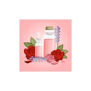 Huile essentielle de rose rose dans une bouteille en verre avec pétales de fleurs et bouquet de roses - Product Image 2