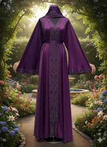 Abaya élégante en satin de soie violet avec manches cloche, broderie de perles de cristal complexe, robe kaftan à col en V pour mariages et événements formels - Product Image 3