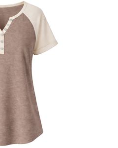 T-shirt femme beige taupe à manches courtes, col Henley, haut à manches raglan, coton doux, coupe ample décontractée, tee-shirt d'été respirant et confortable - Product Image 5