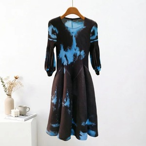 Solid Woven A-Line <b>Dress</b> O-Neck Puff Sleeve Mid-Calf Casual Career <b>Dress</b> <b>Linen</b> Natural Waistline Button - Product Image 1