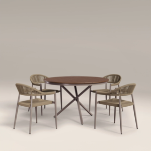 Minimalist Outdoor <b>Dining</b> Set with <b>Round</b> Wood <b>Table</b> and Four <b>Dining</b> Chairs for Villa Home Furniture & Restaurant Use - Product Image 1
