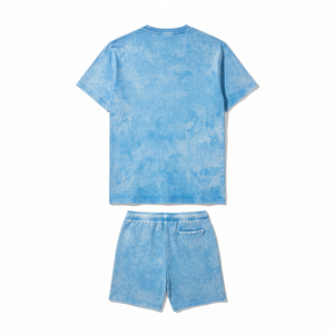 Men's Solid Blue Two-Piece <b>Set</b> Crew Neck T-Shirt Shorts Casual Summer Wear Breathable Knitted Bamboo Fiber Front Logo - Product Image 4