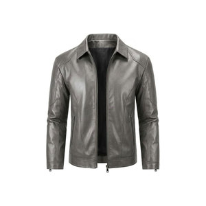 Veste moto pour homme en cuir PU marron, coupe ajustée, fermeture éclair, style hiver, avec doublure en fausse fourrure et logo sur le devant - Product Image 4