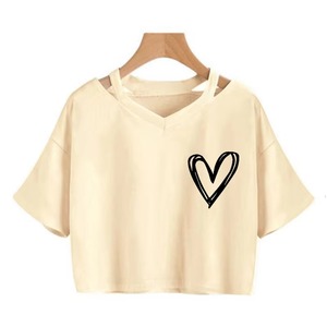 Pink Women's V-Neck Crop <b>Top</b> Short Sleeve 100% Cotton Jersey Cute <b>Heart</b> Print Loose Fit Spring Summer T-Shirt Custom Logo - Product Image 6