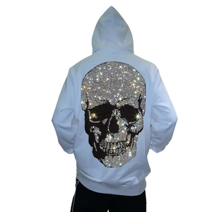 Sweat à capuche d'hiver tricoté pour homme, 100% coton épais, avec fermeture éclair intégrale, strass, logo personnalisé, sans cordon, coupe classique, motif crâne en strass - Product Image 2