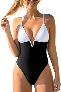 Maillot de bain taille haute à col en V, devant torsadé, bretelles spaghetti réglables - Product Image 3