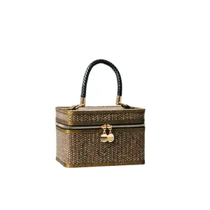 Kajood Wicker thailandia borsa quadrata fatta a mano borsa Color verde oliva manico con cerniera dorata