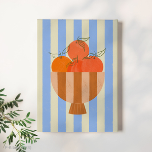 Illustration de bol de fruits aux couleurs estivales italiennes, oranges dans un bol, rayures bleues verticales, décoration murale vibrante pour salle à manger - Product Image 1
