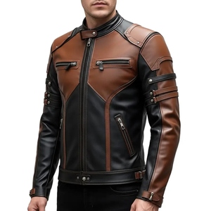 Blouson de moto en cuir pour homme, style color-block, manches longues, coupe-vent, style motard, toutes saisons, pour adulte - Product Image 3
