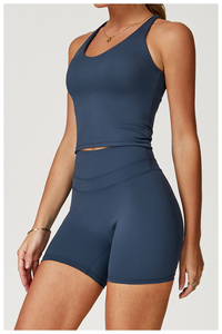 Seamless Two Piece Yoga Set Halter Crop <b>Top</b> High Waist Shorts Solid <b>Navy</b> Blue Anti-Wrinkle Sweat Wicking Spandex/Polyester Front - Product Image 5