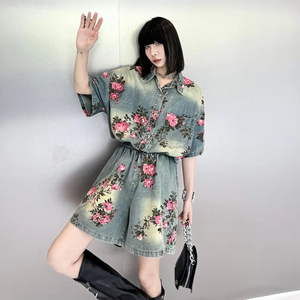 Ensemble 2 pièces pour femmes, imprimé floral, chemise à manches courtes, short à taille élastique, coupe ample décontractée, tenue en coton pour le printemps et l'été - Product Image 5