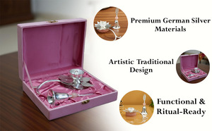 Premium German <b>Silver</b> Lotus Diya with Bell Set | Polished Decorative Oil <b>Lamp</b> Deepak for Diwali Puja - Product Image 6