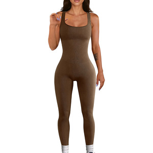 <b>Women's</b> High Waist Solid <b>Brown</b> Knitted Sleeveless Jumpsuit Square Collar Spaghetti Strap Full Length Skinny Fit - Product Image 1