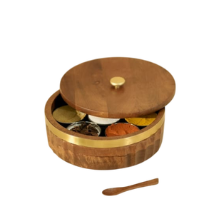 Boîte à épices en bois artisanale avec 7 compartiments, organisateur de masala de qualité supérieure pour la cuisine, décorative vintage - Product Image 4