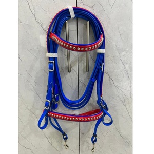 Juego de Brida para Caballo de PVC con Tachuelas Metálicas Azul Rojo Biothene, con Cabezalera y Correa Nasal a Juego, Impermeable, en 4 Tamaños - Product Image 1