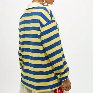 เสื้อโปโลถักลายทางสีน้ำเงินเหลือง แขนยาว สไตล์วินเทจ สำหรับผู้หญิง คอวี ทรงปกติ ความยาวปกติ ลายทางแบบรักบี้ - Product Image 2