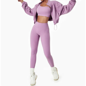 Ensemble de yoga 2 pièces rose tendance : Leggings taille haute et crop top à manches longues zippées en polaire respirante, couleur unie, tenue de sport - Product Image 4