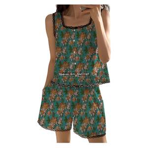 Conjunto de Pijama de Shorts con Encaje Indio al por Mayor para Fabricantes, Estampado Floral Hecho a Mano, Sin Mangas, Primavera/Verano - Product Image 5