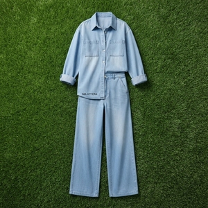 Women Light Blue Denim <b>Shirt</b> And Wide Leg Jeans Set Casual Two Piece Matching Denim Outfit Streetwear Fashion - Product Image 5