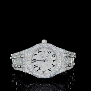 Reloj de Lujo con Moissanita, Esfera Árabe, Tono Plateado, Totalmente Adornado con Piedras, Estilo Hip Hop, Reloj de Moda - Product Image 1