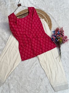 Conjunto de Salwar Patiala de Algodón Estampado, Estampado Jaipuri Bandhani, Corte Ajustado, Secado Rápido, Kurta para Mujer, Pantalón Tulip, para Fiestas, Casual, Uso Diario - Product Image 6