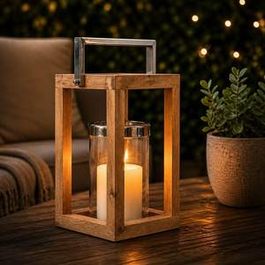 Lanterne à bougie en bois faite à la main, porte-bougie carré en verre avec poignée en métal pour la décoration de Noël à la maison - Product Image 1
