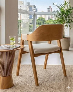 Fauteuil en bois à dossier incurvé de style nordique avec assise rembourrée en tissu taupe et accoudoirs en corde tressée - Product Image 3