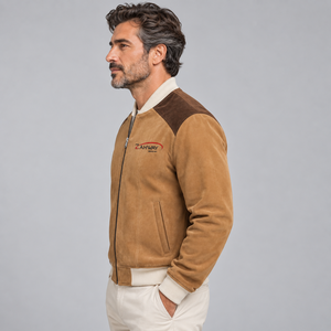 <b>Men's</b> <b>Suede</b> Bomber <b>Jacket</b> Casual Zipper Front Embroidered Logo Autumn Outerwear Regular Fit Stand Collar Bomber <b>Jacket</b> for <b>Men</b> - Product Image 2
