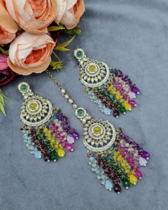 Royal Heavy Beaded Cluster CZ Stone Chandbali Earrings And Mangtika Set Antique Gold Plated Designer Fashion Jewellery For Women - Product Image 3