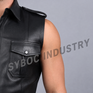 Black Leather Sleeveless Shirt Cut <b>Off</b> Button Front Mens Leather Vest Muscle Tank Top for Festival and Rave Wear - Product Image 6