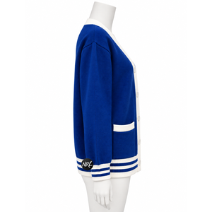 Cárdigan de punto para mujer al por mayor, azul y blanco, con estampado de pata de gallo, cuello en V, manga larga, informal, para otoño, 100% acrílico, con bolsillos, de un solo botón. - Product Image 3