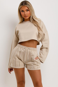 Women Beige 2 Piece <b>Tracksuit</b> Set Cropped Sweatshirt Shorts Full Sleeve Crew Neck Solid Color Side Pockets set - Product Image 4