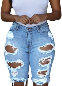 Women High Waist Distressed Denim Shorts Skinny Fit Ripped Cut Out Solid Color Casual Summer Style - Product Image 3