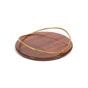 High Quality Custom Acacia Wood and Brass Handle Round Food Serving <b>Tray</b> With Handles for Table Decoration - Product Image 1