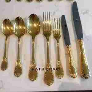 New Designer Handicraft Metal Stainless Steel <b>Gold</b> Plated Mirror Polish Cake Knife Cutlery Set Kitchenware <b>Spoons</b> Brass Handle - Product Image 6