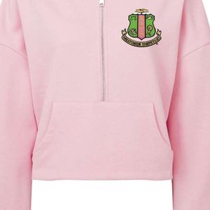 Sudadera con capucha rosa claro para mujer, con cremallera media, bordado verde del escudo, manga larga, estilo casual, suave y cómoda. - Product Image 5
