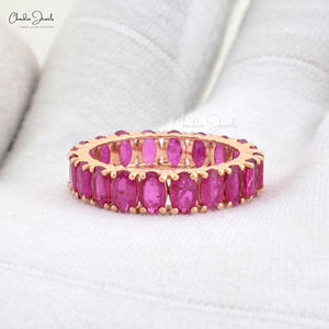 Bague de fiançailles en or rose 14 carats véritable avec pierre précieuse, sertie de griffes, rubis rouge ovale 5x3mm, bague éternité complète, bijoux fins pour femme - Product Image 3