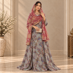 Conjunto Completo de Lujo Fransawi Dirac Azul Gris con Cuentas y Estampado, con Garbasaar Bordado para Bodas Somalíes - Product Image 6