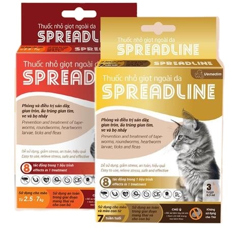 All in One product for removing of tapeworm, roundworm, heart worm larvae, ticks and fleas in Cat Spreadline