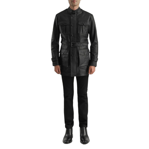 Men's <b>Black</b> Genuine Leather Long <b>Coat</b> Stand Collar Zipper Button Knee Length Jacket - Product Image 6