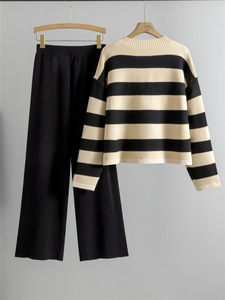 Women's 2-Piece Knit Set | Striped Button-<b>Down</b> Cardigan Sweater and Ribbed Wide-Leg <b>Pants</b> Loungewear Outfit - Product Image 2