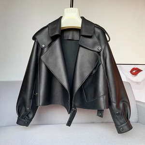 Veste moto en cuir PU pour femme, col rabattu, manches longues, fermeture boutonnée, couleur unie, veste de motard courte, automne - Product Image 4