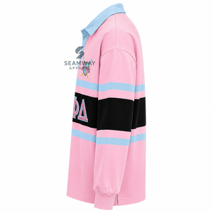 Camiseta de rugby extragrande para mujer Gamma Phi, con bloques de color, manga larga, cuello polo, letras griegas bordadas, estilo universitario. - Product Image 3